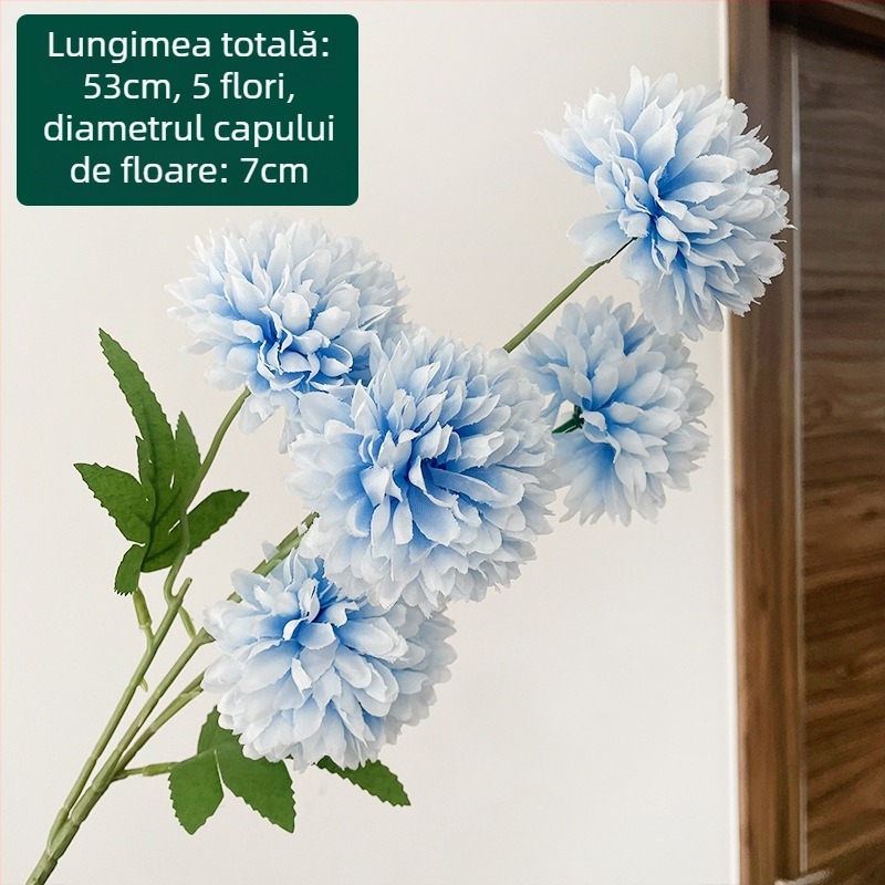 Crizantema de mătase cu cinci capete - floare artificială pentru exterior, decor de casă, recuzită pentru fotografie; marca Zixu, cod 2