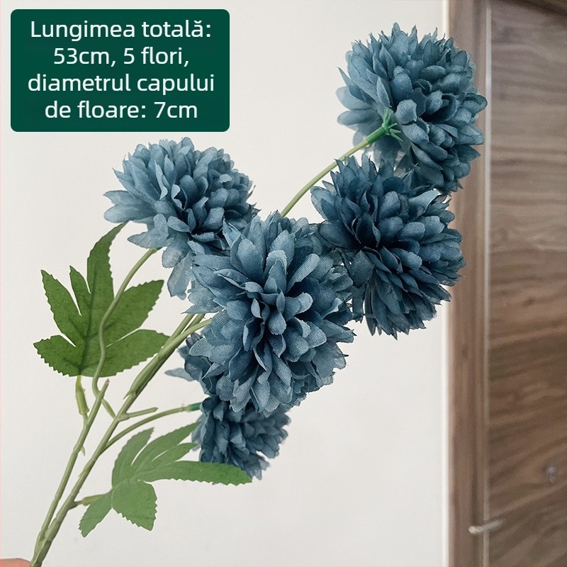 Crizantema de mătase cu cinci capete - floare artificială pentru exterior, decor de casă, recuzită pentru fotografie; marca Zixu, cod 2