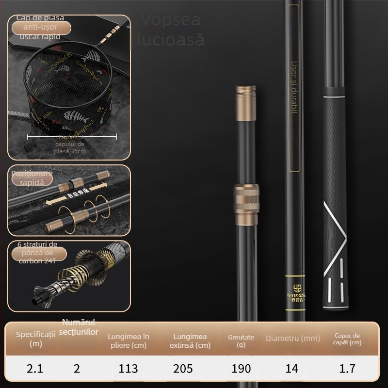 Set de plasă de pescuit din carbon telescopic – ultra-ușor, rigid, plasă cu ochi fini, pliabil, încărcare 100 kg