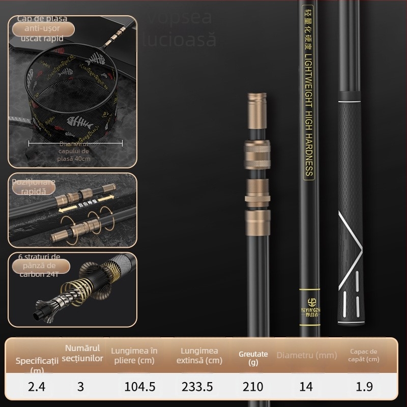 Set de plasă de pescuit din carbon telescopic – ultra-ușor, rigid, plasă cu ochi fini, pliabil, încărcare 100 kg