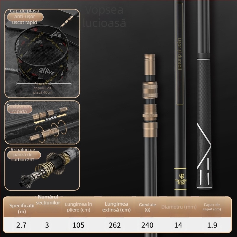 Set de plasă de pescuit din carbon telescopic – ultra-ușor, rigid, plasă cu ochi fini, pliabil, încărcare 100 kg