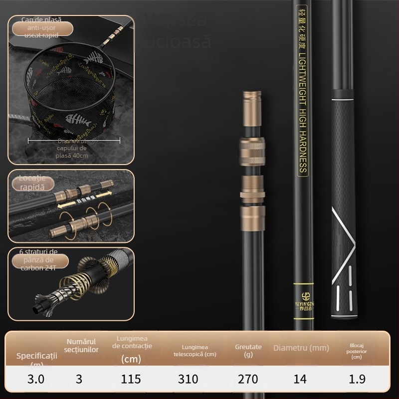 Set de plasă de pescuit din carbon telescopic – ultra-ușor, rigid, plasă cu ochi fini, pliabil, încărcare 100 kg