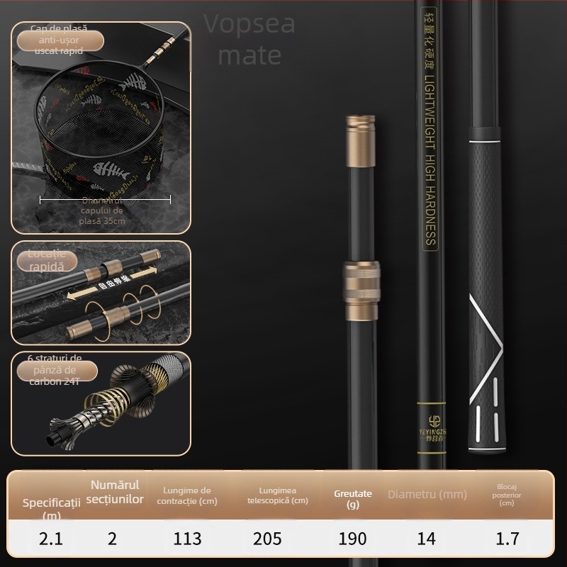 Set de plasă de pescuit din carbon telescopic – ultra-ușor, rigid, plasă cu ochi fini, pliabil, încărcare 100 kg