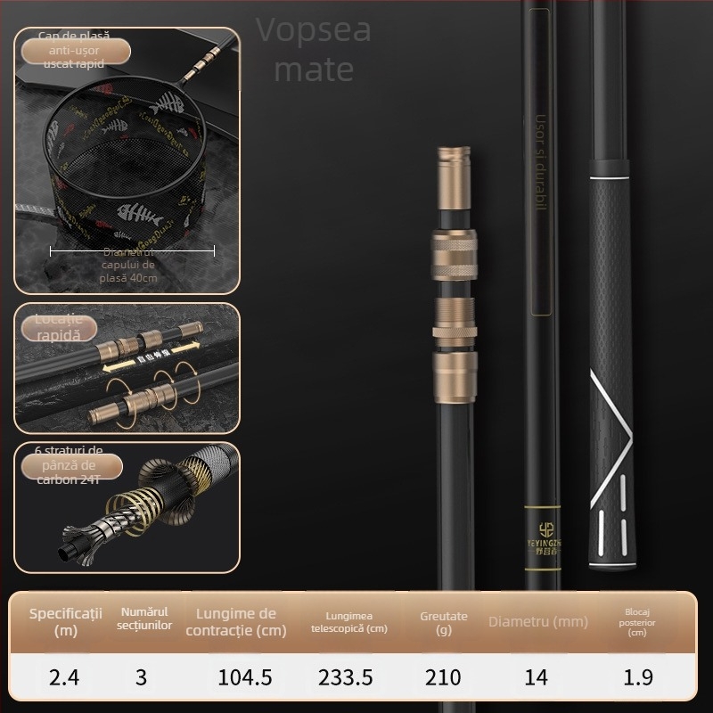 Set de plasă de pescuit din carbon telescopic – ultra-ușor, rigid, plasă cu ochi fini, pliabil, încărcare 100 kg