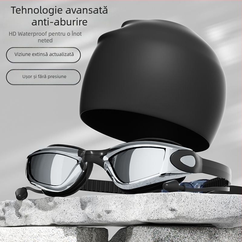 Set ochelari înot și șapcă pentru adulți – anti-fog, ramă mare, lentile PC, rezistent la apă