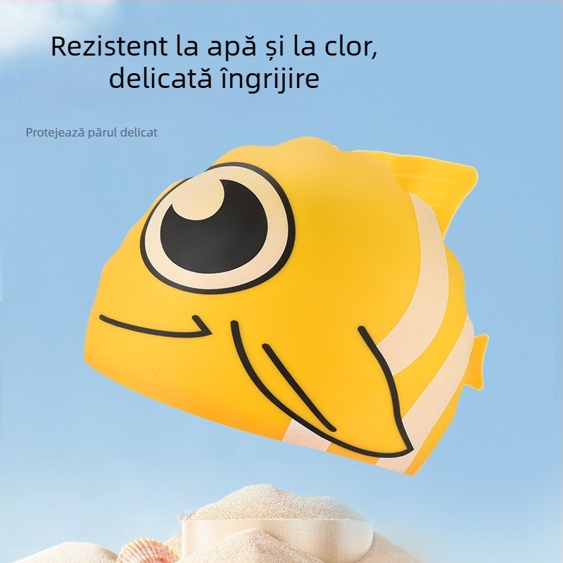 Șapcă de înot pentru copii din silicon, imprimeu cu pește auriu, impermeabilă, elasticitate ridicată, confortabilă pentru păr lung