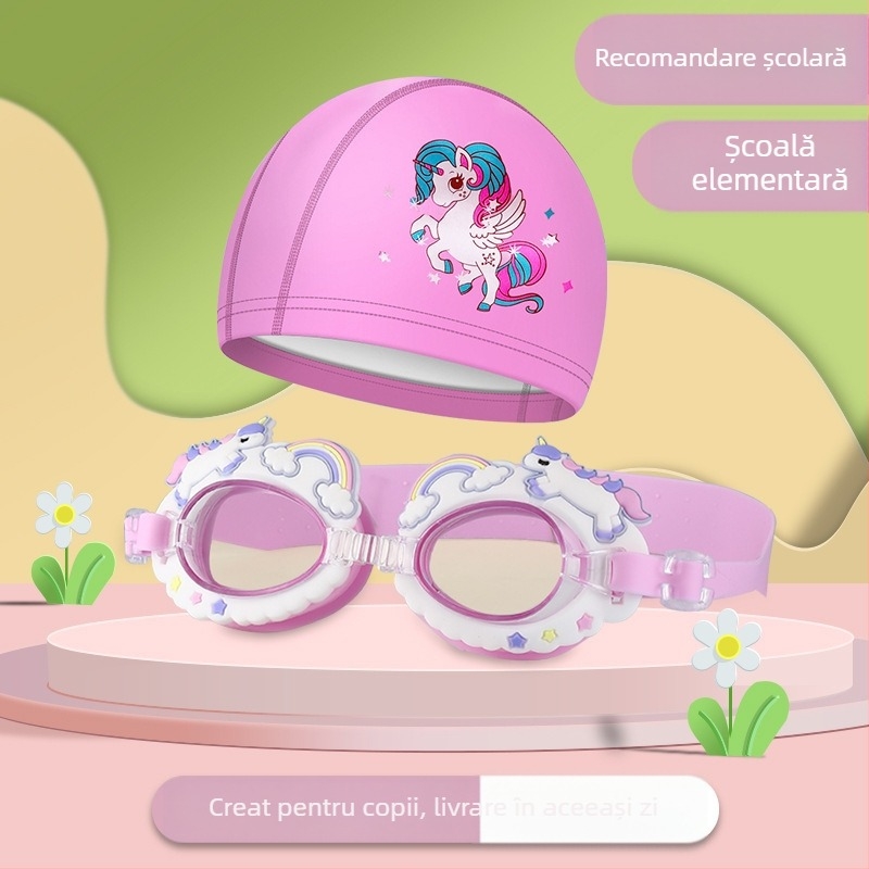 Ochelari de înot pentru copii, design desen animat, lentile PC, impermeabili și anti ceață, însoțiți de căciulă de înot