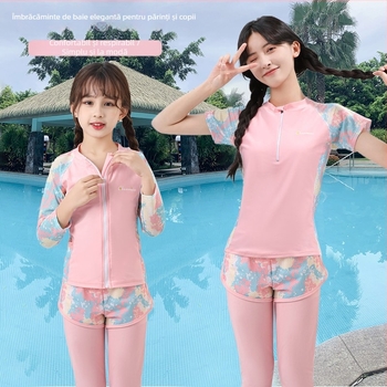 Costum de baie pentru fete, protecție UV, două piese, din poliester, cu căptușeală poliesterică, pentru înot