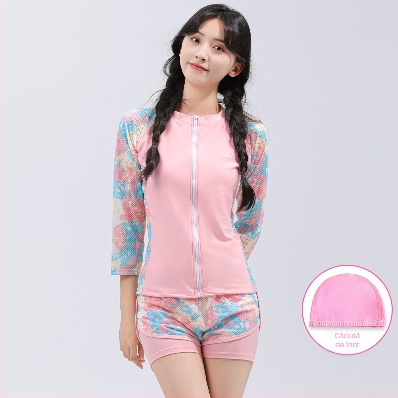 Costum de baie pentru fete, protecție UV, două piese, din poliester, cu căptușeală poliesterică, pentru înot