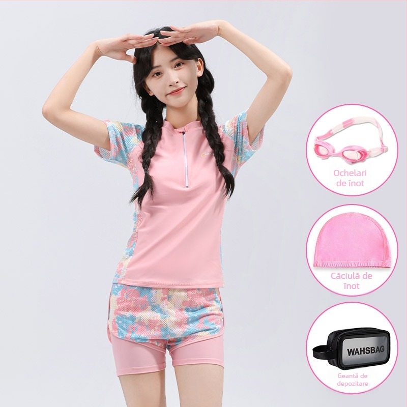 Costum de baie pentru fete, protecție UV, două piese, din poliester, cu căptușeală poliesterică, pentru înot