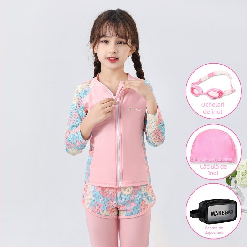 Costum de baie pentru fete, protecție UV, două piese, din poliester, cu căptușeală poliesterică, pentru înot