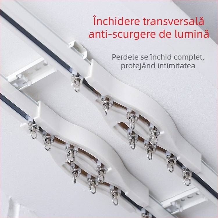 Șină pentru perdea din aliaj de aluminiu, funcționare silențioasă, montaj superior sau lateral, glisare simplă și dublă, șină dreaptă