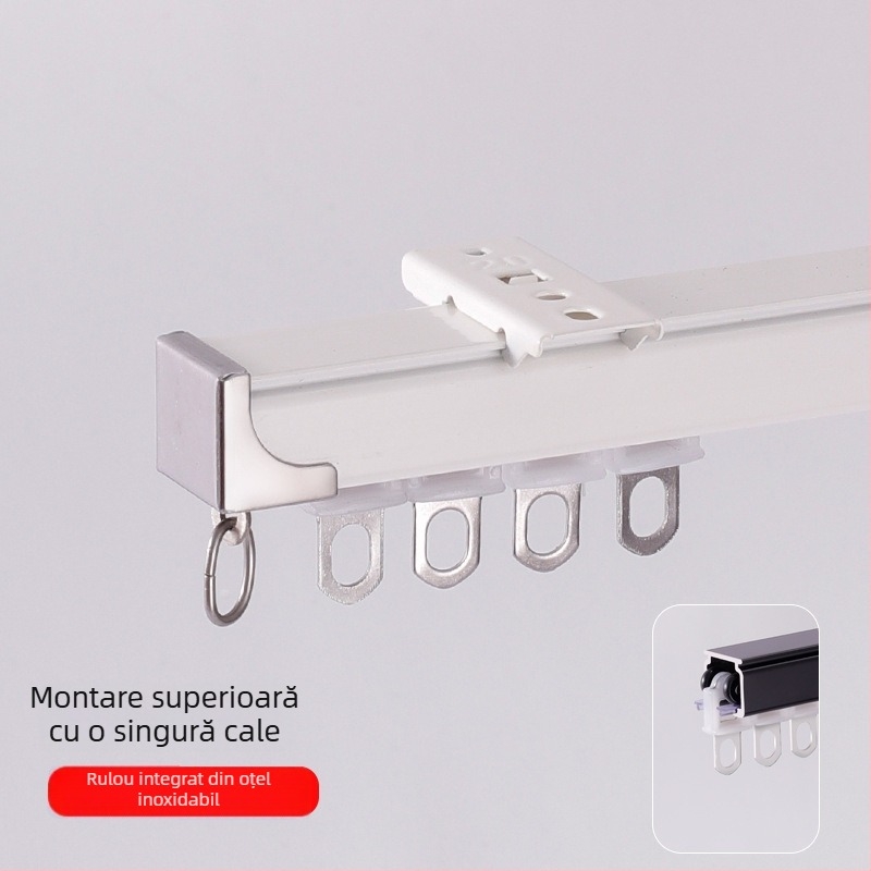Șină pentru perdea din aliaj de aluminiu, funcționare silențioasă, montaj superior sau lateral, glisare simplă și dublă, șină dreaptă