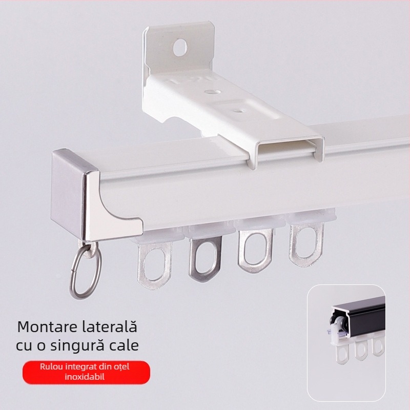 Șină pentru perdea din aliaj de aluminiu, funcționare silențioasă, montaj superior sau lateral, glisare simplă și dublă, șină dreaptă