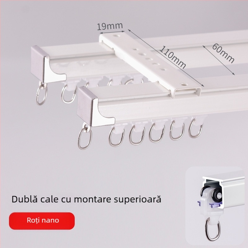 Șină pentru perdea din aliaj de aluminiu, funcționare silențioasă, montaj superior sau lateral, glisare simplă și dublă, șină dreaptă