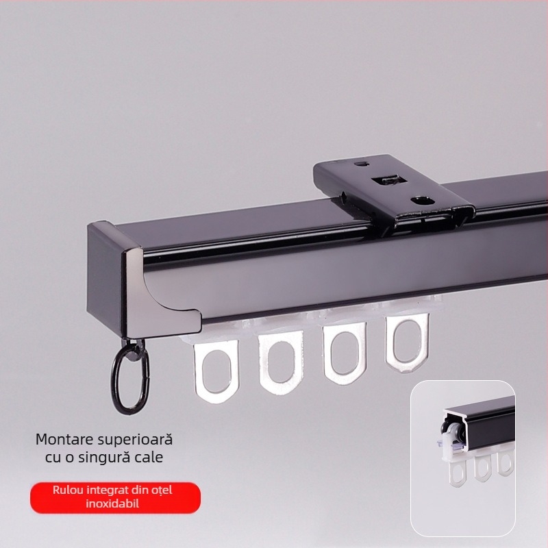 Șină pentru perdea din aliaj de aluminiu, funcționare silențioasă, montaj superior sau lateral, glisare simplă și dublă, șină dreaptă