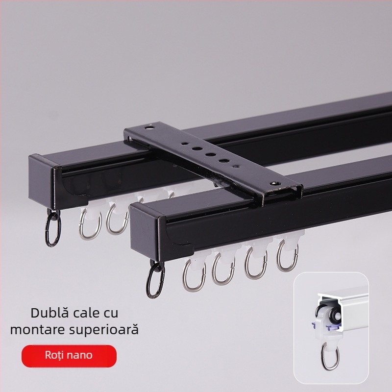 Șină pentru perdea din aliaj de aluminiu, funcționare silențioasă, montaj superior sau lateral, glisare simplă și dublă, șină dreaptă