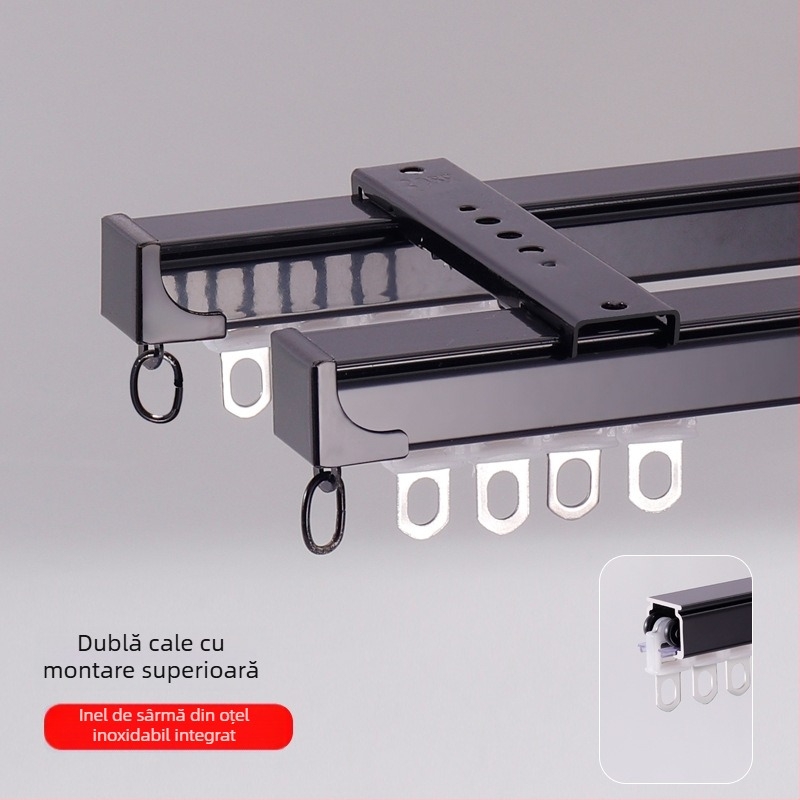 Șină pentru perdea din aliaj de aluminiu, funcționare silențioasă, montaj superior sau lateral, glisare simplă și dublă, șină dreaptă