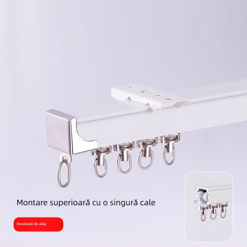 Șină pentru perdea din aliaj de aluminiu, funcționare silențioasă, montaj superior sau lateral, glisare simplă și dublă, șină dreaptă