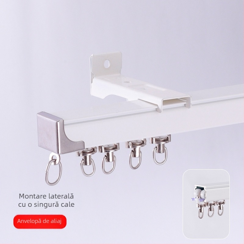 Șină pentru perdea din aliaj de aluminiu, funcționare silențioasă, montaj superior sau lateral, glisare simplă și dublă, șină dreaptă