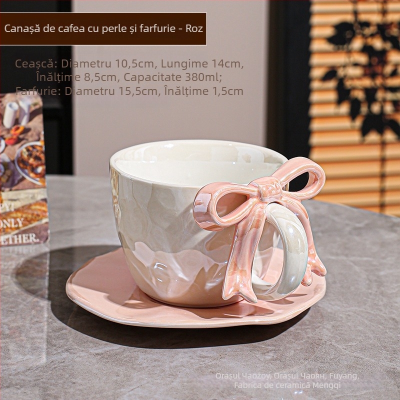 Set ceașcă de cafea și farfurioară cu funda, design ceramic, stil Nordic, 700 g, ambalaj cutie din carton, personalizare disponibilă