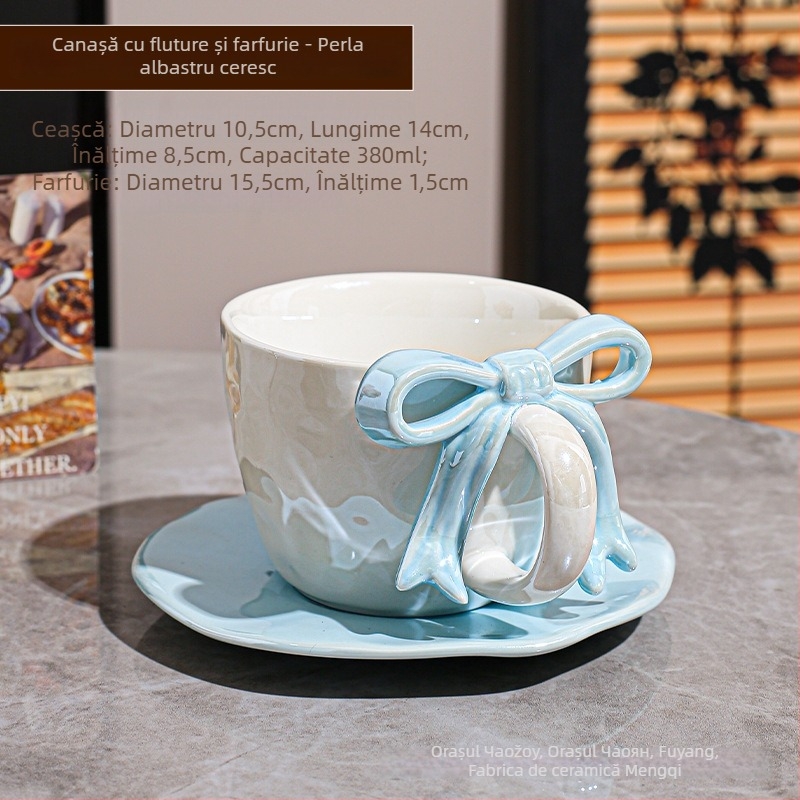 Set ceașcă de cafea și farfurioară cu funda, design ceramic, stil Nordic, 700 g, ambalaj cutie din carton, personalizare disponibilă