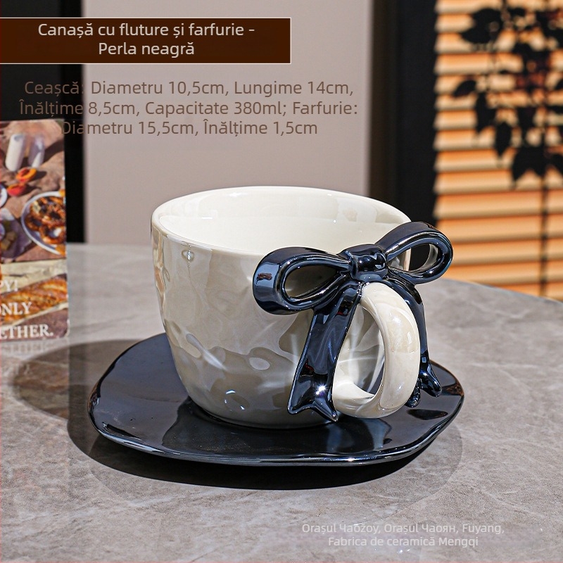 Set ceașcă de cafea și farfurioară cu funda, design ceramic, stil Nordic, 700 g, ambalaj cutie din carton, personalizare disponibilă