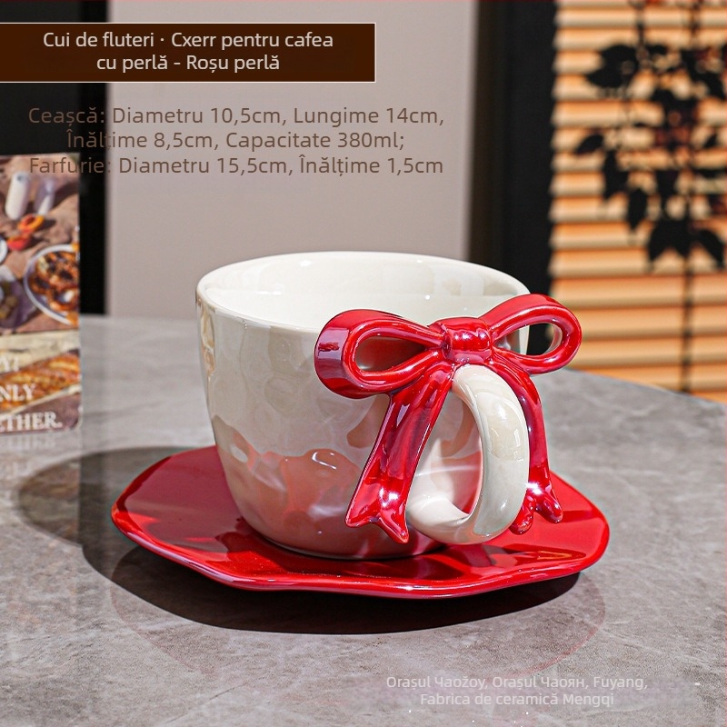 Set ceașcă de cafea și farfurioară cu funda, design ceramic, stil Nordic, 700 g, ambalaj cutie din carton, personalizare disponibilă