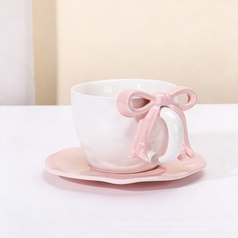 Set ceașcă de cafea și farfurioară cu funda, design ceramic, stil Nordic, 700 g, ambalaj cutie din carton, personalizare disponibilă