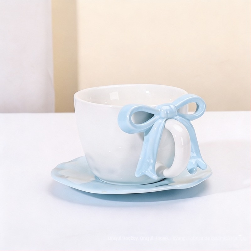 Set ceașcă de cafea și farfurioară cu funda, design ceramic, stil Nordic, 700 g, ambalaj cutie din carton, personalizare disponibilă