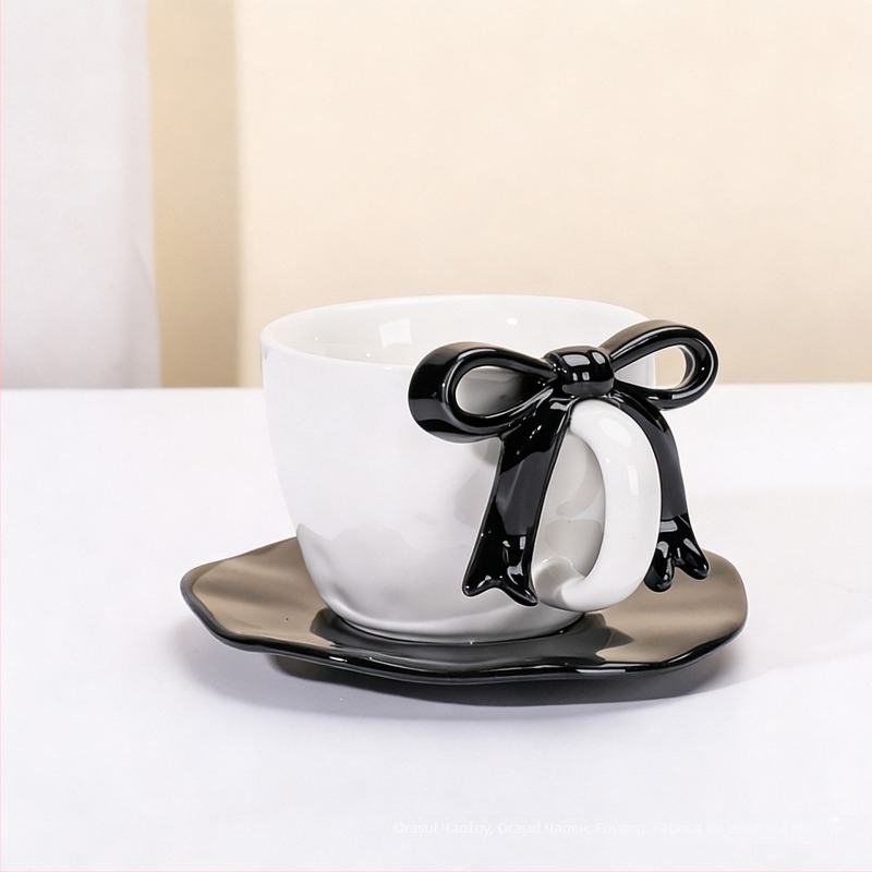 Set ceașcă de cafea și farfurioară cu funda, design ceramic, stil Nordic, 700 g, ambalaj cutie din carton, personalizare disponibilă