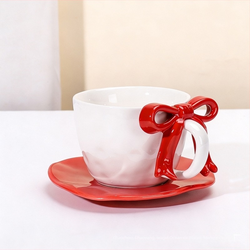 Set ceașcă de cafea și farfurioară cu funda, design ceramic, stil Nordic, 700 g, ambalaj cutie din carton, personalizare disponibilă