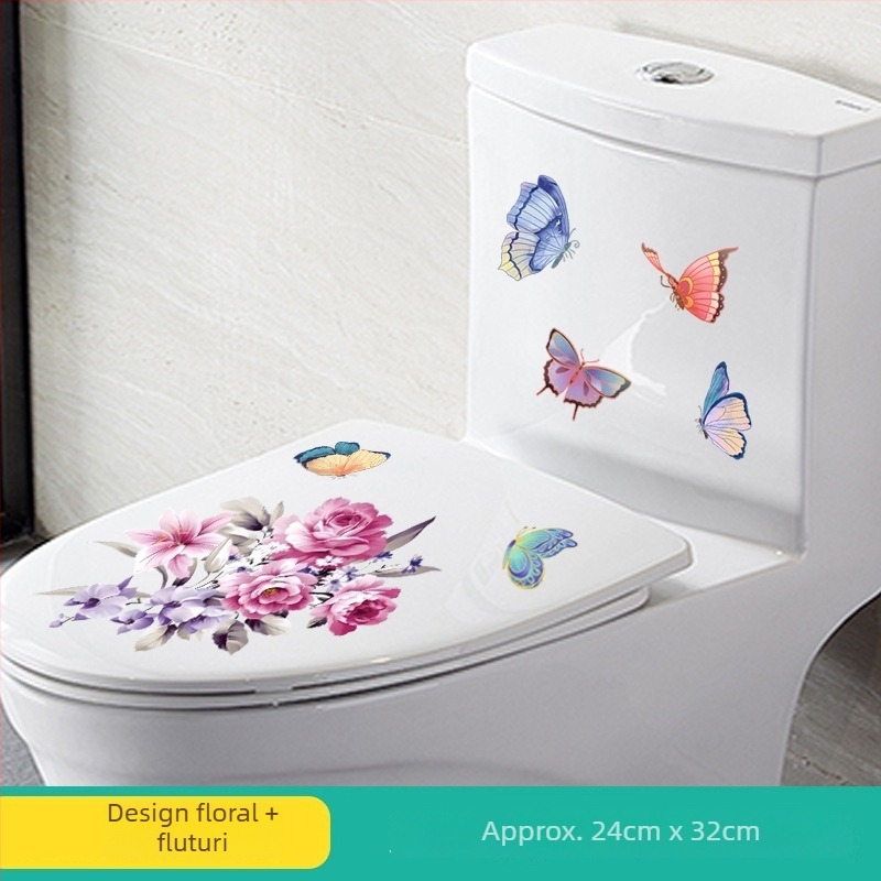 Autocolant pentru toaletă cu motif floral, PVC, pentru baie