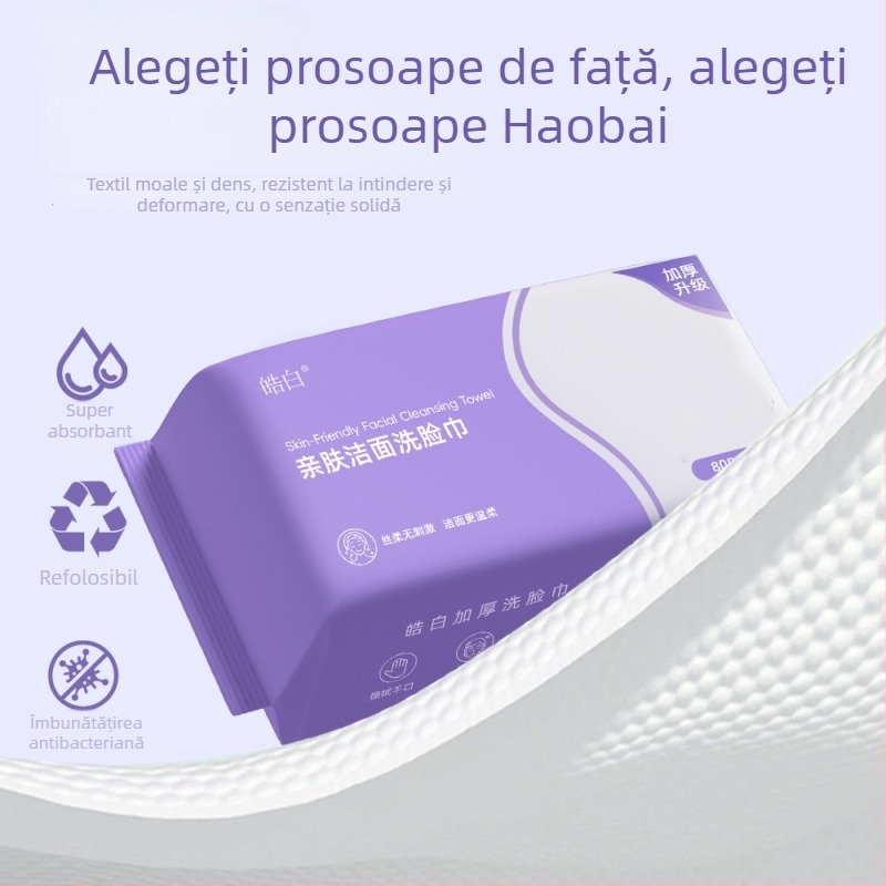 Prosop de față în rol mare, îngroșat, de unică folosință – Haojia bumbac pur; Material: bumbac pur; Ingrediente principale: bumbac fibre vegetale; Conținut: 100