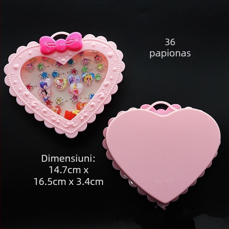 Cutie de depozitare pentru machiaj și bijuterii pentru birou, cu oglindă dublă și design în formă de inimă; Seria Prințesă; materiale: plastic/rasină/fier
