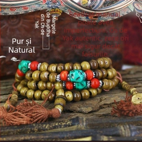 Brățară cu mărgele budiste din os natural de vacă, 108 mărgele, stil etnic nepalez, pentru bărbați și femei