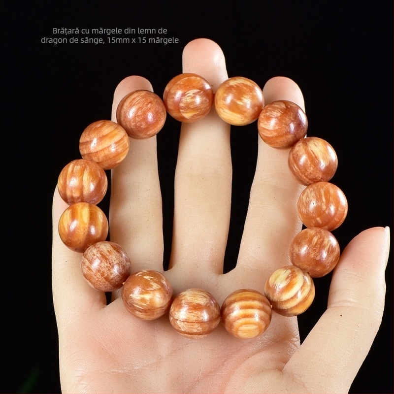 Brățară cu 108 mărgele în stil chinezesc din Blood Dragon Wood, cu inserții de chihlimar