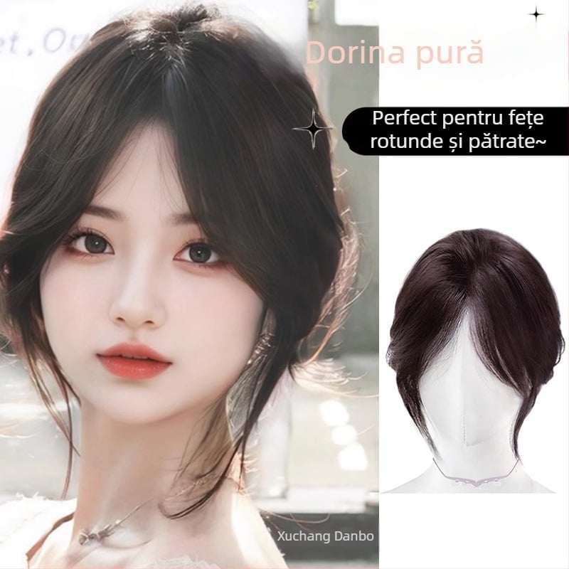 Perucă cu breton de tip opt caractere, breton înclinat, crește volumul la creștet, păr de mătase, proces mecanic