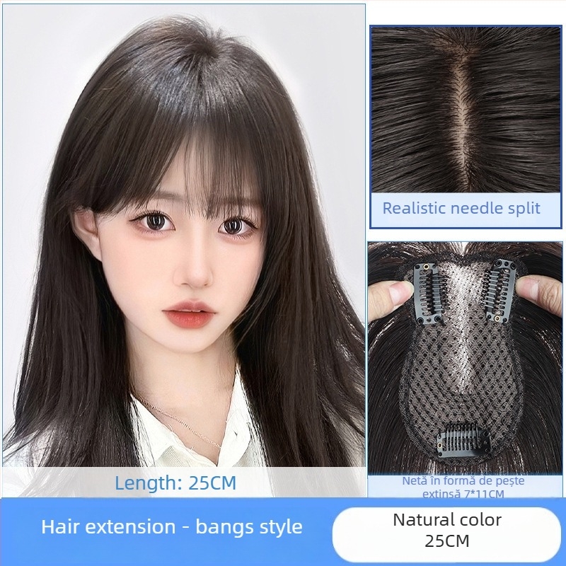 Perucă cu breton de tip opt caractere, breton înclinat, crește volumul la creștet, păr de mătase, proces mecanic