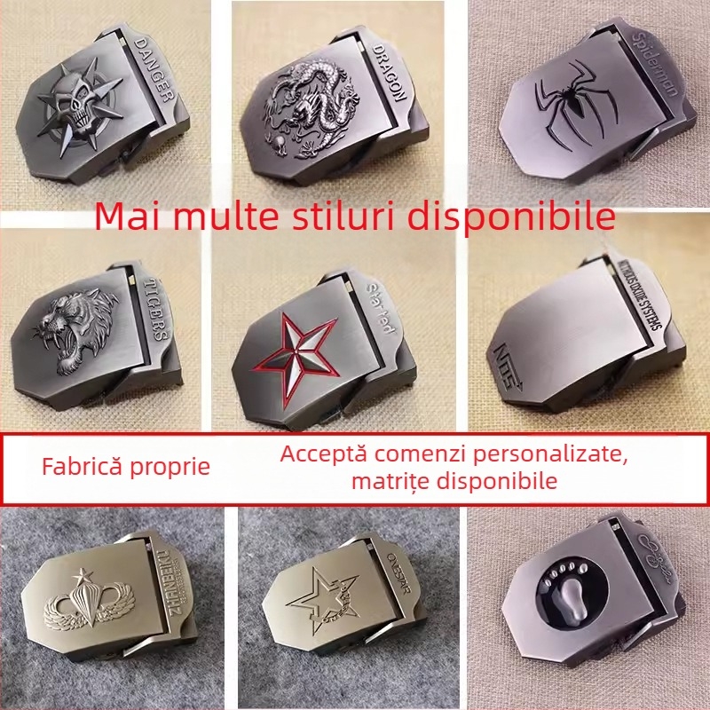 Cataramă pentru curea din pânză, aliaj de zinc, formă dreptunghiulară, închidere cu capse, model litere