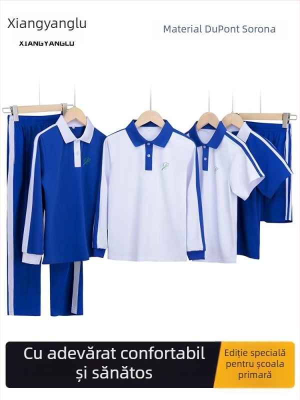 Set de uniformă pentru învățământ primar, toamnă–iarnă: geacă cu mânecă lungă, set de iarnă, pantaloni de iarnă, set de vară cu tricou de mânecă scurtă și pantaloni – unisex, ediție premium