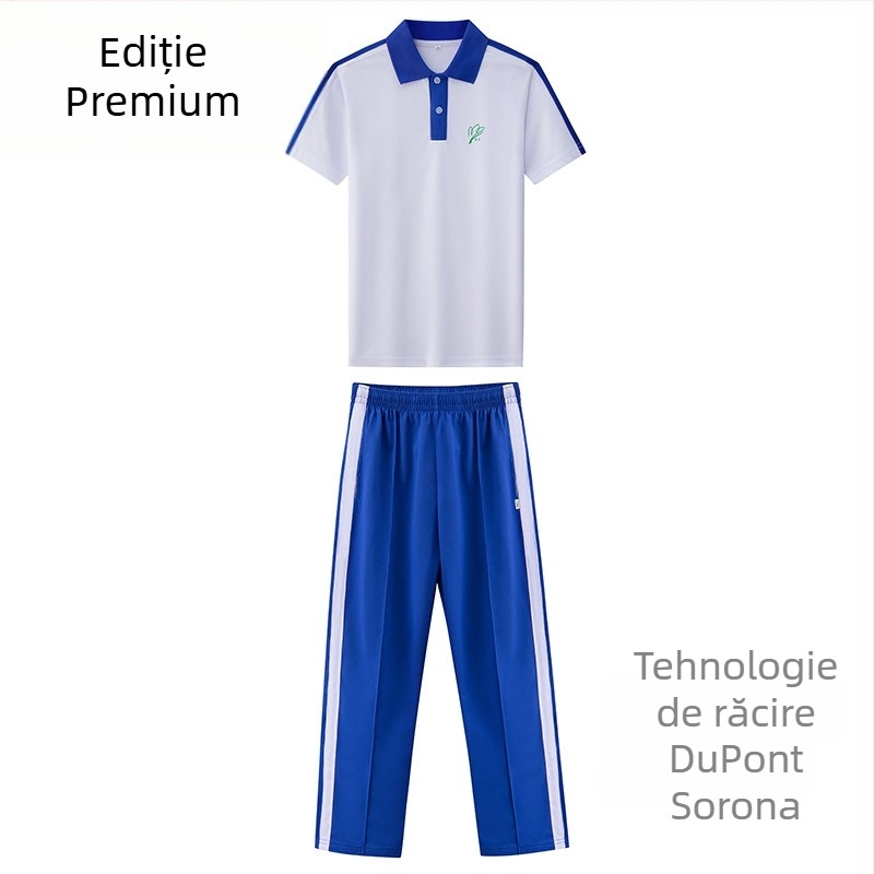Set de uniformă pentru învățământ primar, toamnă–iarnă: geacă cu mânecă lungă, set de iarnă, pantaloni de iarnă, set de vară cu tricou de mânecă scurtă și pantaloni – unisex, ediție premium