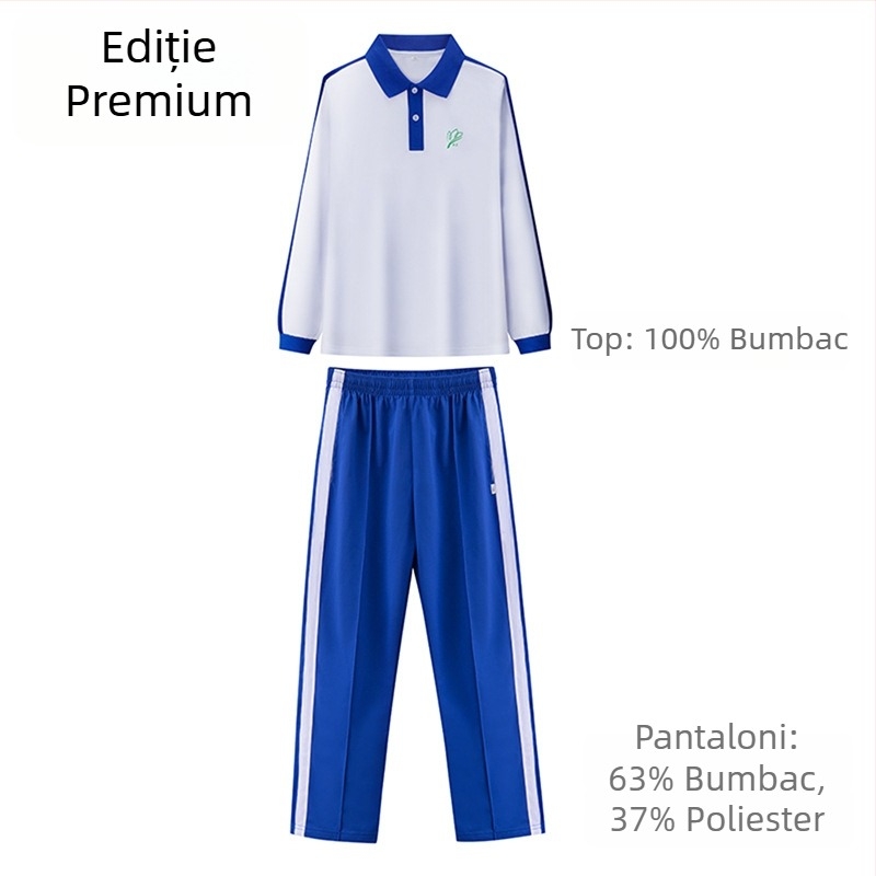 Set de uniformă pentru învățământ primar, toamnă–iarnă: geacă cu mânecă lungă, set de iarnă, pantaloni de iarnă, set de vară cu tricou de mânecă scurtă și pantaloni – unisex, ediție premium
