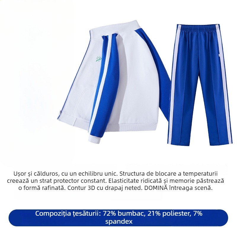 Set de uniformă pentru învățământ primar, toamnă–iarnă: geacă cu mânecă lungă, set de iarnă, pantaloni de iarnă, set de vară cu tricou de mânecă scurtă și pantaloni – unisex, ediție premium