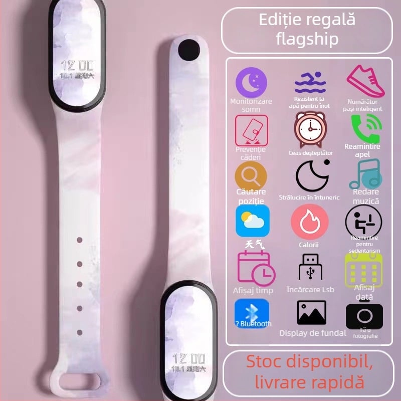 Brățară inteligentă pentru copii – numărătoare pași, monitorizare ritm cardiac, reîncărcabilă, compatibilă Android, curea silicon, carcasă aluminiu