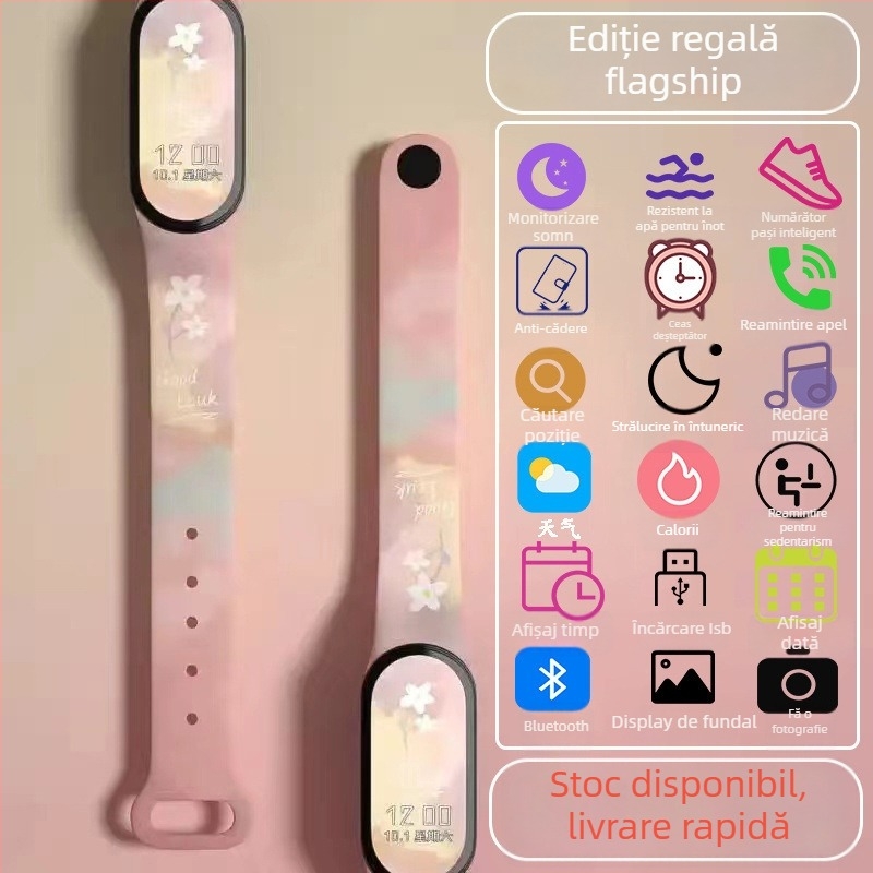 Brățară inteligentă pentru copii – numărătoare pași, monitorizare ritm cardiac, reîncărcabilă, compatibilă Android, curea silicon, carcasă aluminiu