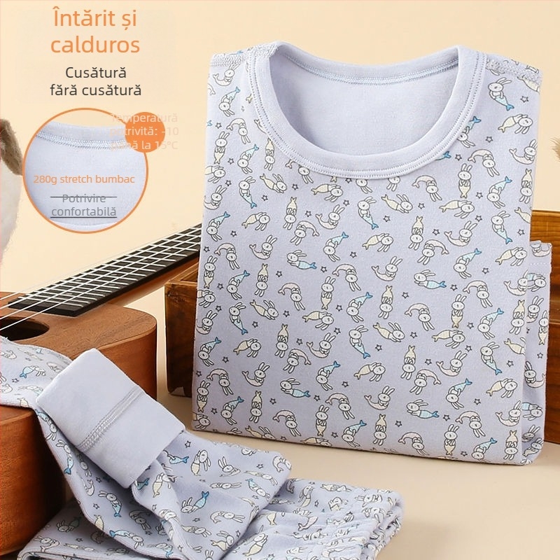 Set copii pentru bază de strat termic de toamnă – top și pantaloni, pentru băieți; țesătură de in cu blană de iepure