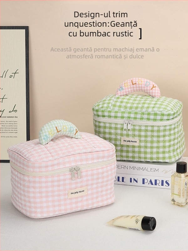 Geantă de machiaj cu model pătrățos quilted, corp din bumbac, închidere cu fermoar, căptușeală poliester, brand Aoya