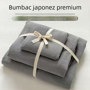 Set de lenjerie de pat din bumbac spălat, patru piese, culoare unică, în stil Ins — husă de pilotă, cearșaf cu elastic, cearșaf plat și fețe de pernă