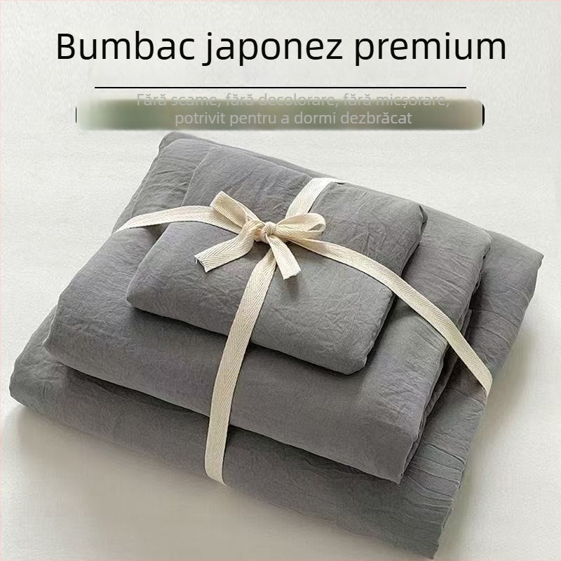 Set de lenjerie de pat din bumbac spălat, patru piese, culoare unică, în stil Ins — husă de pilotă, cearșaf cu elastic, cearșaf plat și fețe de pernă